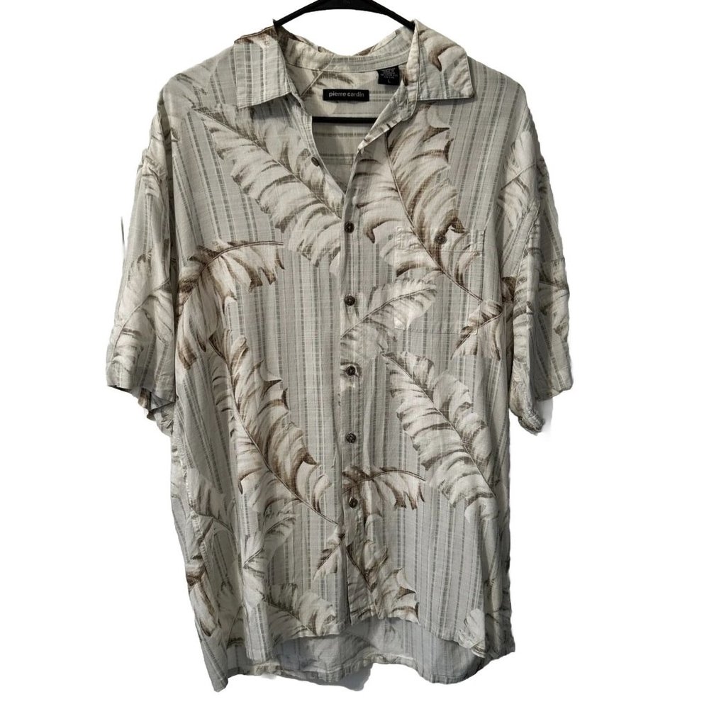 Pierre Cardin Shirt Men's Hawaiian Green Tropical Print Rayon Lightweight Size L